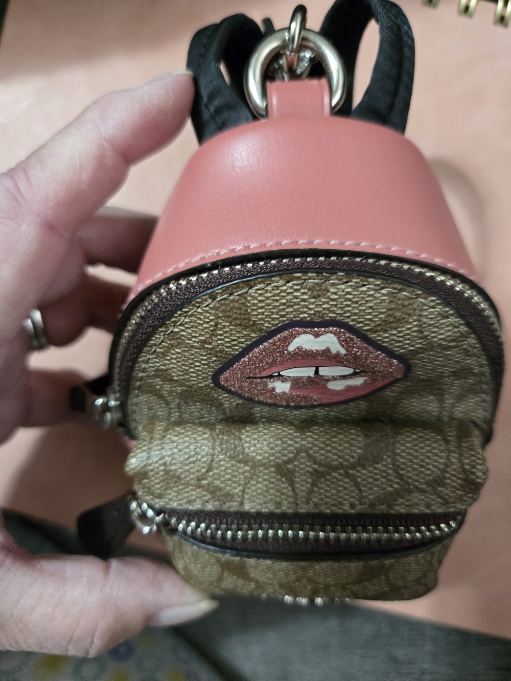 Coach Mini Backpack Keychain in Pink and Signature Canvas with Lip Patch